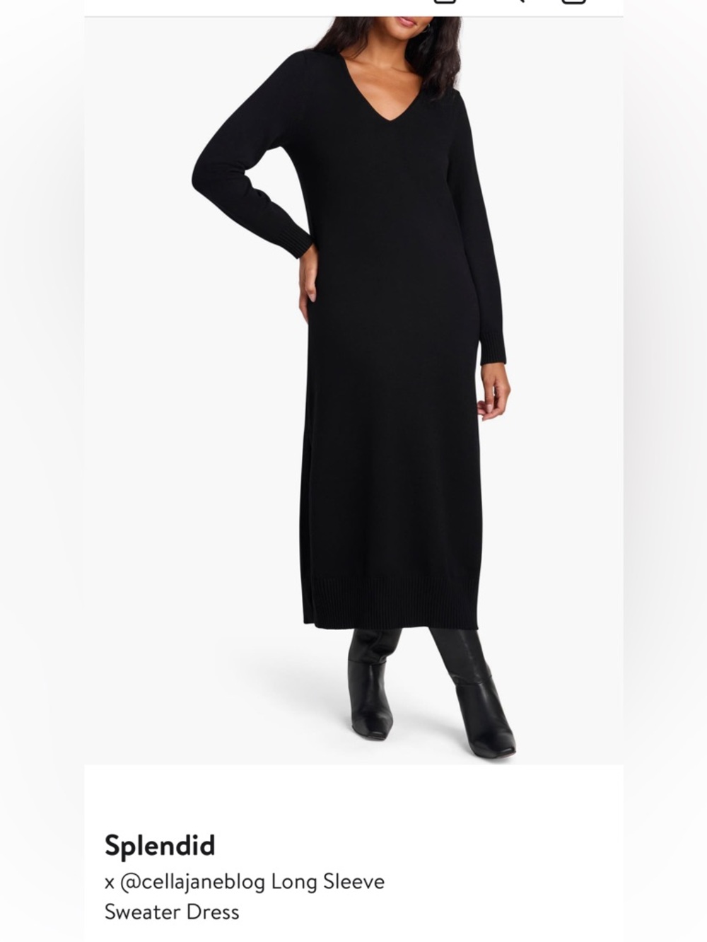 Splendid Black V-Neck Long Sleeve Maxi Sweater Dress